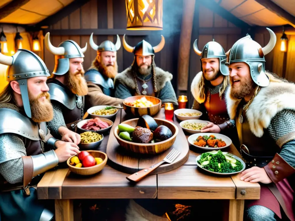 Banquete vikingo en un salón iluminado por antorchas con guerreros disfrutando de alimentos y bebidas tradicionales