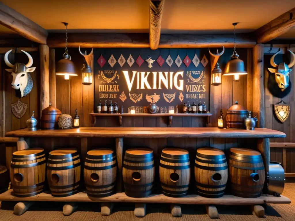 Un bar de madera rústico decorado al estilo vikingo con cerveza casera y elementos nórdicos bajo luz de antorchas