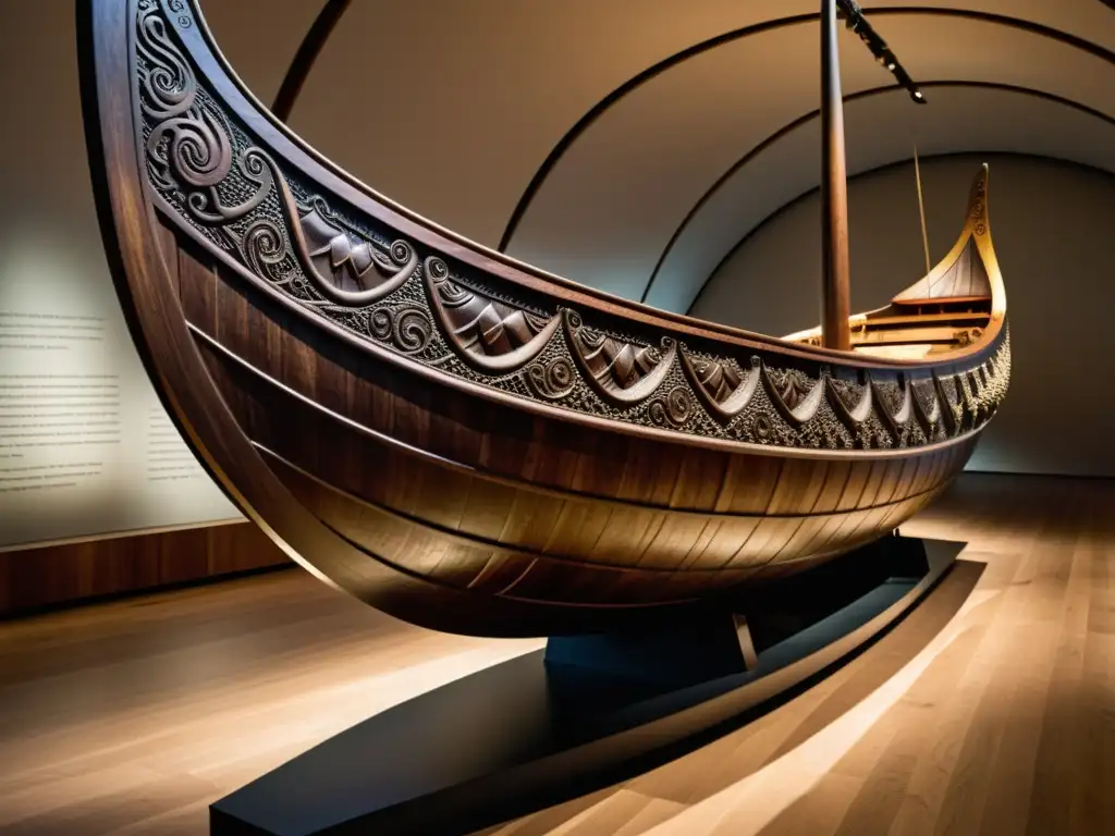 Barco funerario de Oseberg vikingo en museo, detalladamente tallado y preservado, iluminado con suaves luces, evocando historia y artesanía