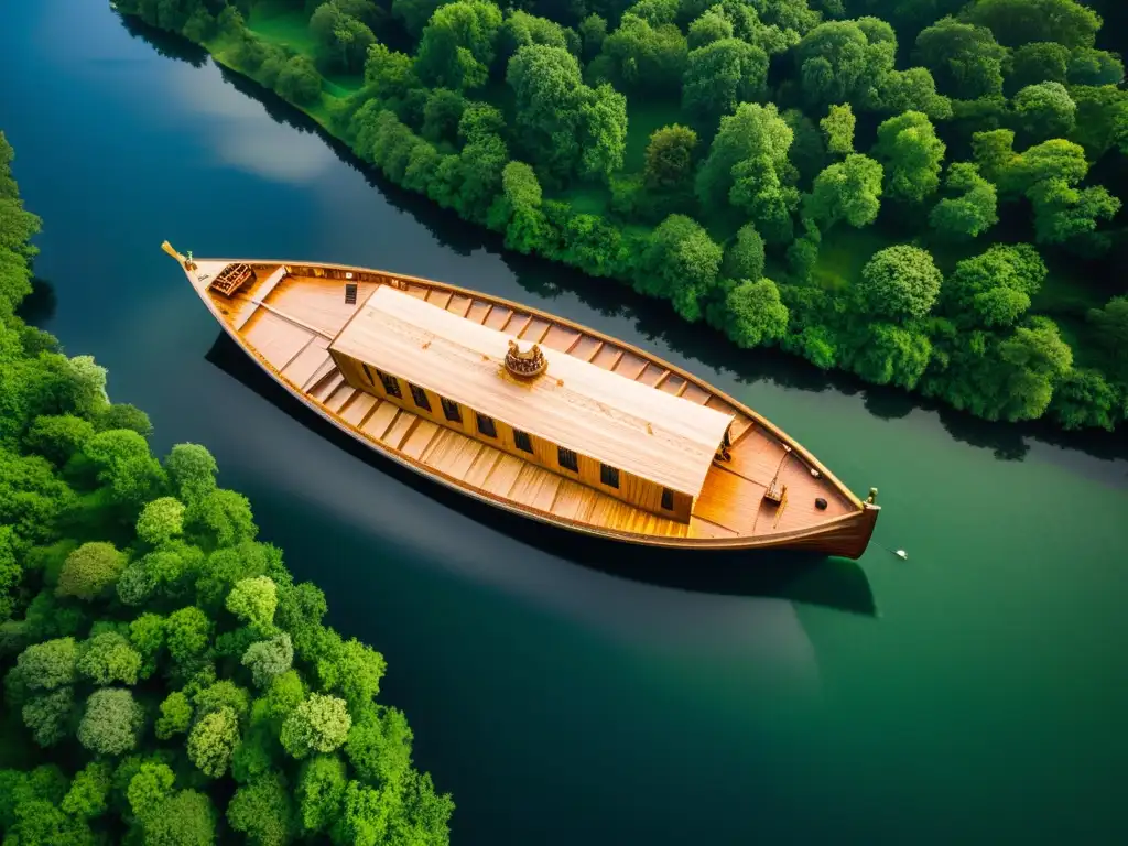 Barco funerario vikingo en excavación, rodeado de exuberante paisaje verde y detalladas tallas en el casco