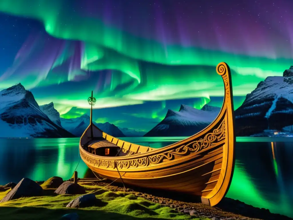 Un barco funerario vikingo reposando en un fiordo, iluminado por la aurora boreal, evocando significado espiritual