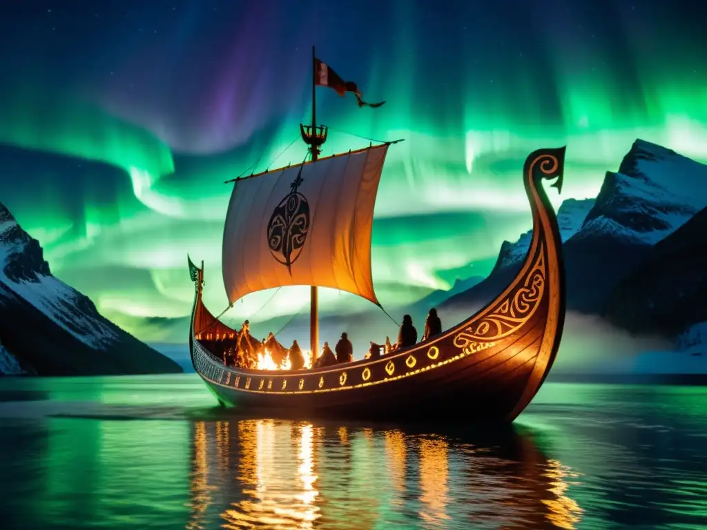 Un barco funerario vikingo ardiendo en un fiordo bajo las auroras boreales, reflejando un tributo solemne y majestuoso en su viaje hacia el más allá