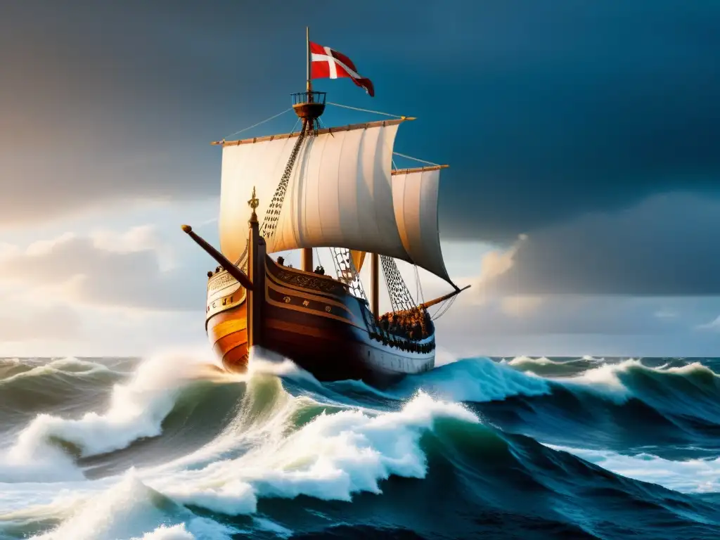 Barco moderno enfrenta mares turbulentos con silueta vikinga Un barco moderno surcando mares agitados con la silueta de un drakkar vikingo al fondo, fusionando herencia vikinga en exploración marítima