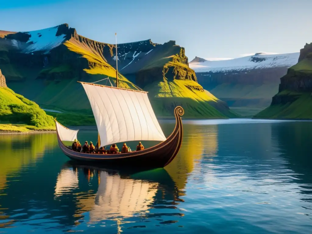 Un barco vikingo navega en aguas cristalinas de un fiordo islandés bajo el sol de medianoche, destacando la fusión de Rutas vikingas en Islandia hoy