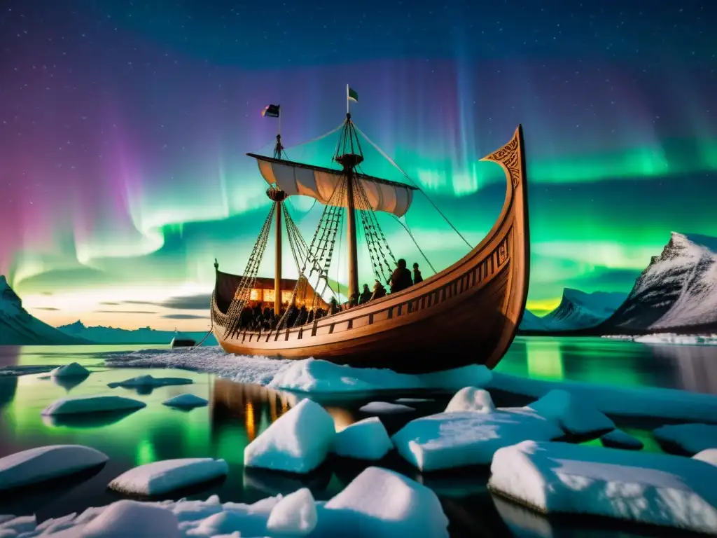 Un barco vikingo surca aguas heladas bajo la aurora boreal, en un viaje que refleja el Destino del nórdico occidental oriental