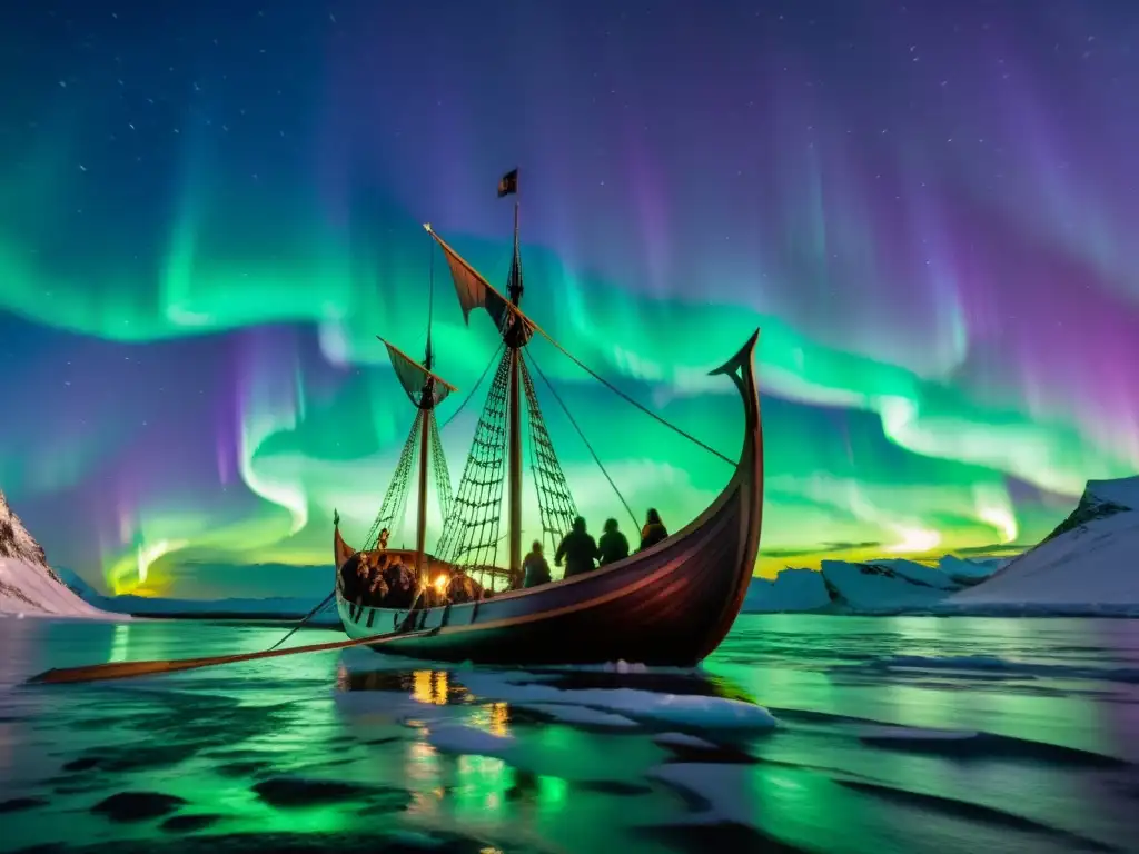 Un barco vikingo surca aguas heladas bajo la aurora boreal, con guerreros y hachas