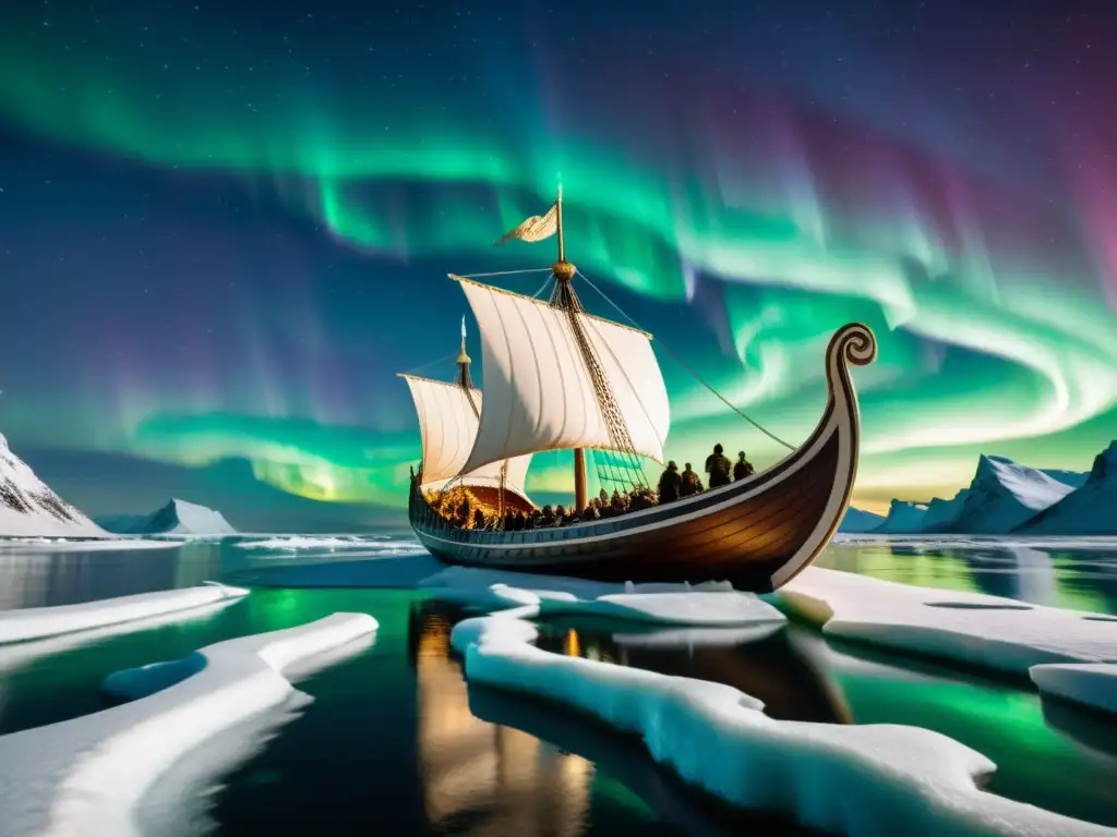 Un barco vikingo navega por aguas heladas bajo la aurora boreal, con decoraciones de marfil