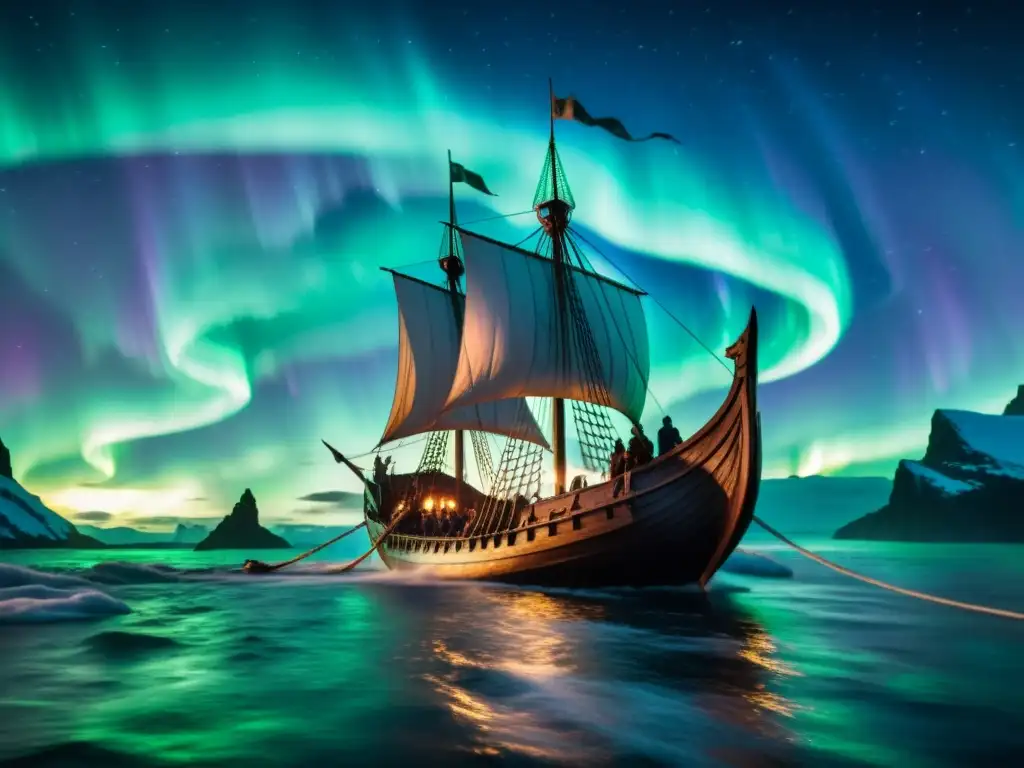 Un barco fantasma vikingo surca aguas nebulosas bajo las Auroras Boreales, tripulado por guerreros espectrales con ojos azules brillantes