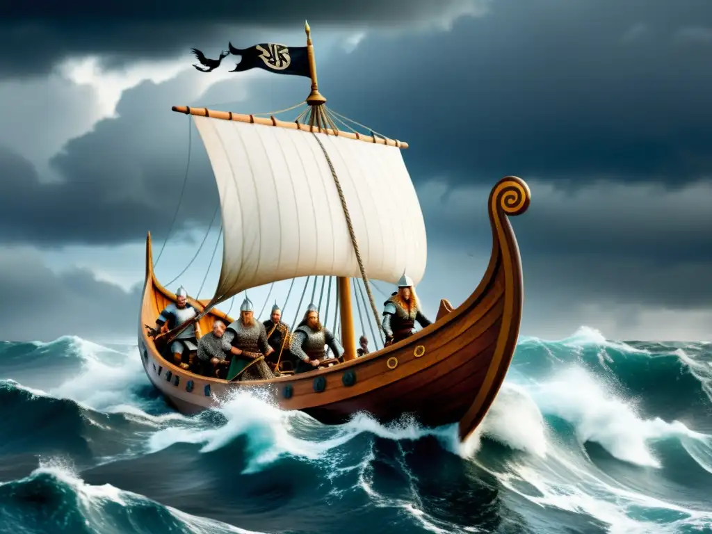 Un barco vikingo surca aguas turbulentas, con guerreros nórdicos y símbolos nórdicos, evocando los Orígenes del pueblo vikingo