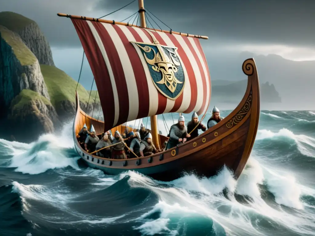 Un barco vikingo navega en aguas turbulentas con guerreros fieros a bordo, listos para la Conquista vikinga en Mount & Blade