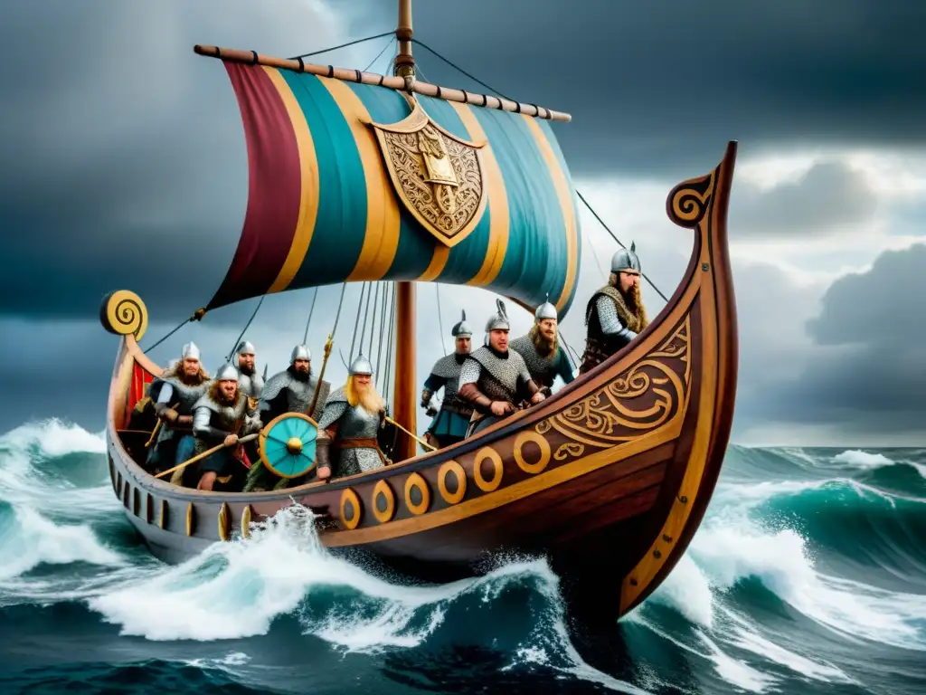 Épica travesía vikinga: barco, guerreros y tormenta Un barco vikingo navega en aguas turbulentas con guerreros a bordo, mostrando la filosofía vikinga en un legado de actualidad