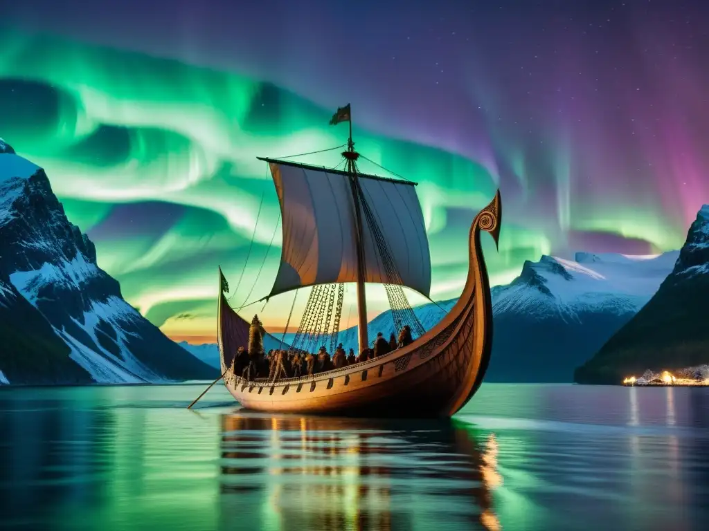 Barco vikingo con animales sagrados en el arte vikingo navegando bajo la aurora boreal en un fiordo del norte