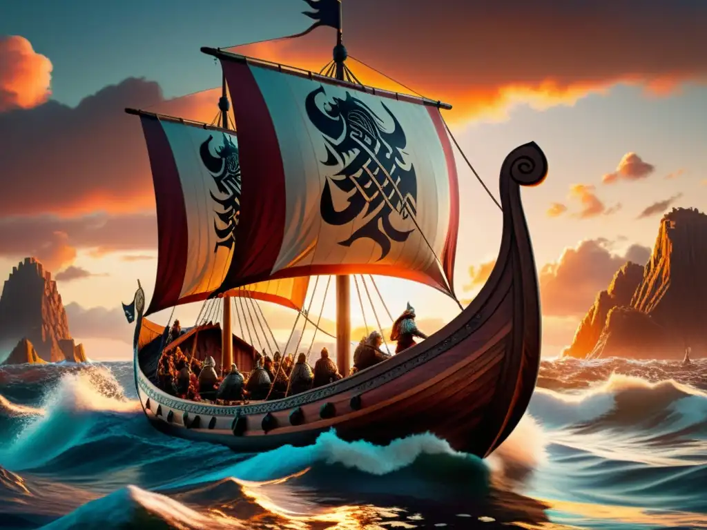 Un barco vikingo al atardecer, con símbolos nórdicos y dragones esculpidos, tripulación remando con intensidad