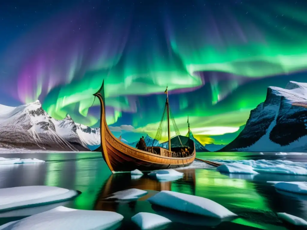 Un barco vikingo navega bajo la aurora boreal en aguas heladas, con montañas al fondo