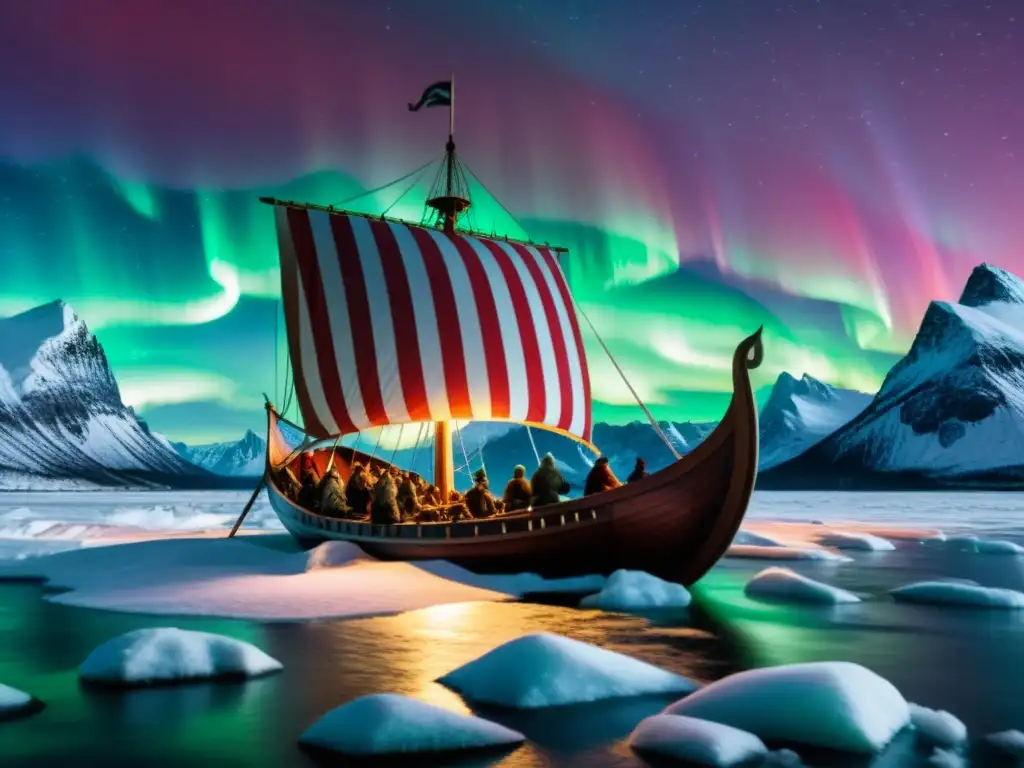 Un barco vikingo navega bajo la aurora boreal en busca de gloria y honor