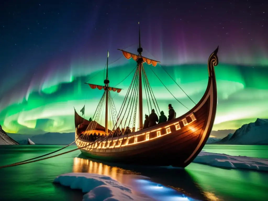 Vikingo: Navega bajo Auroras Boreales Un barco vikingo navega bajo la aurora boreal, reflejando la filosofía vikinga en la conexión con la naturaleza