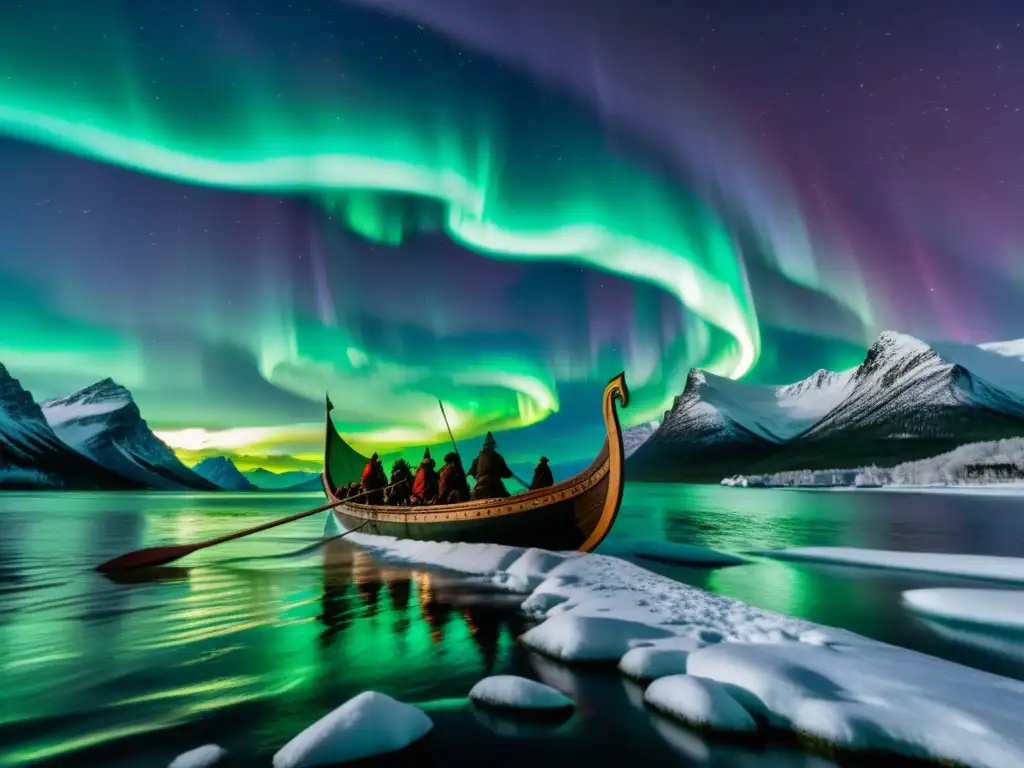 Un barco vikingo surca bajo la Aurora Boreal, con guerreros remando, montañas nevadas y mar abierto