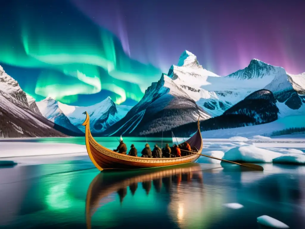 Un barco vikingo navega bajo la aurora boreal con guerreros ferozmente remando, montaña nevada al fondo