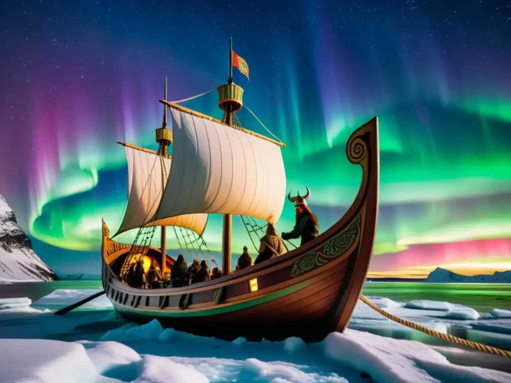 Un barco vikingo comerciando bajo la aurora boreal, mostrando la influencia del comercio vikingo en la actualidad