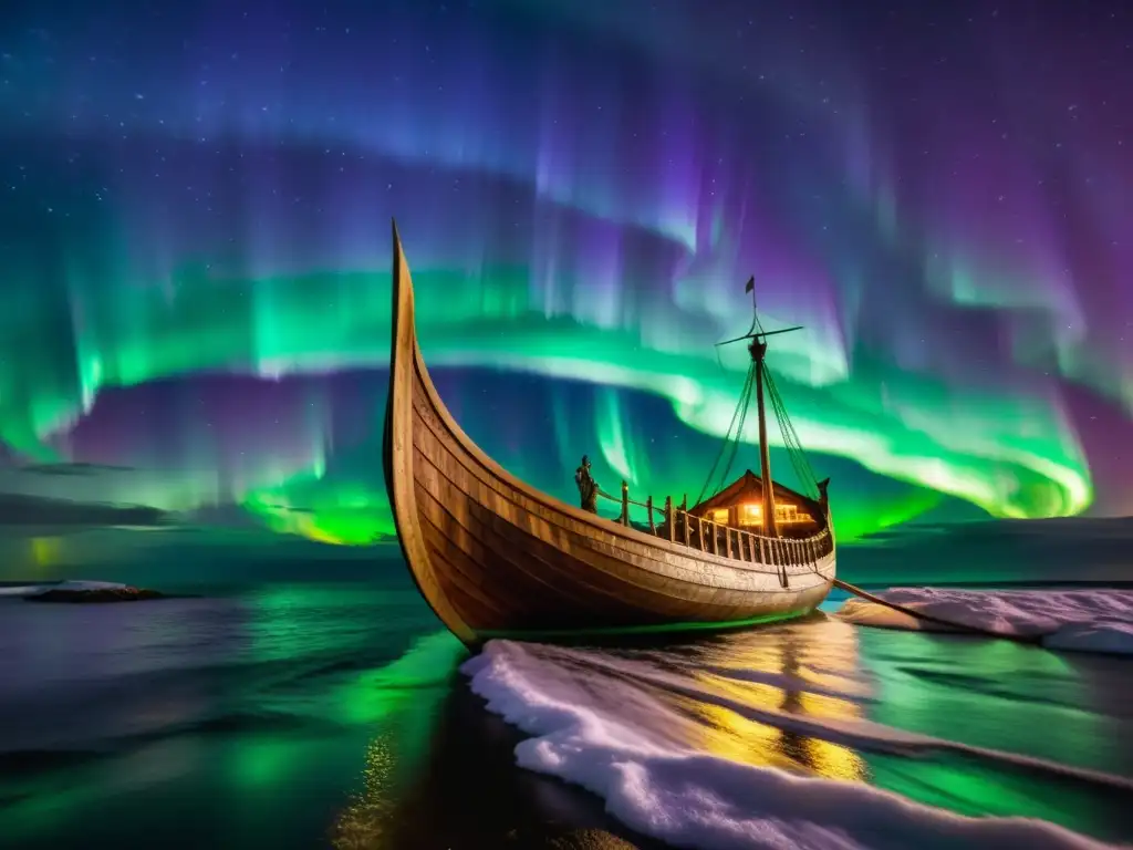 Un barco vikingo bajo la aurora boreal en el mar, reflejando la transición de creencias vikingas religión