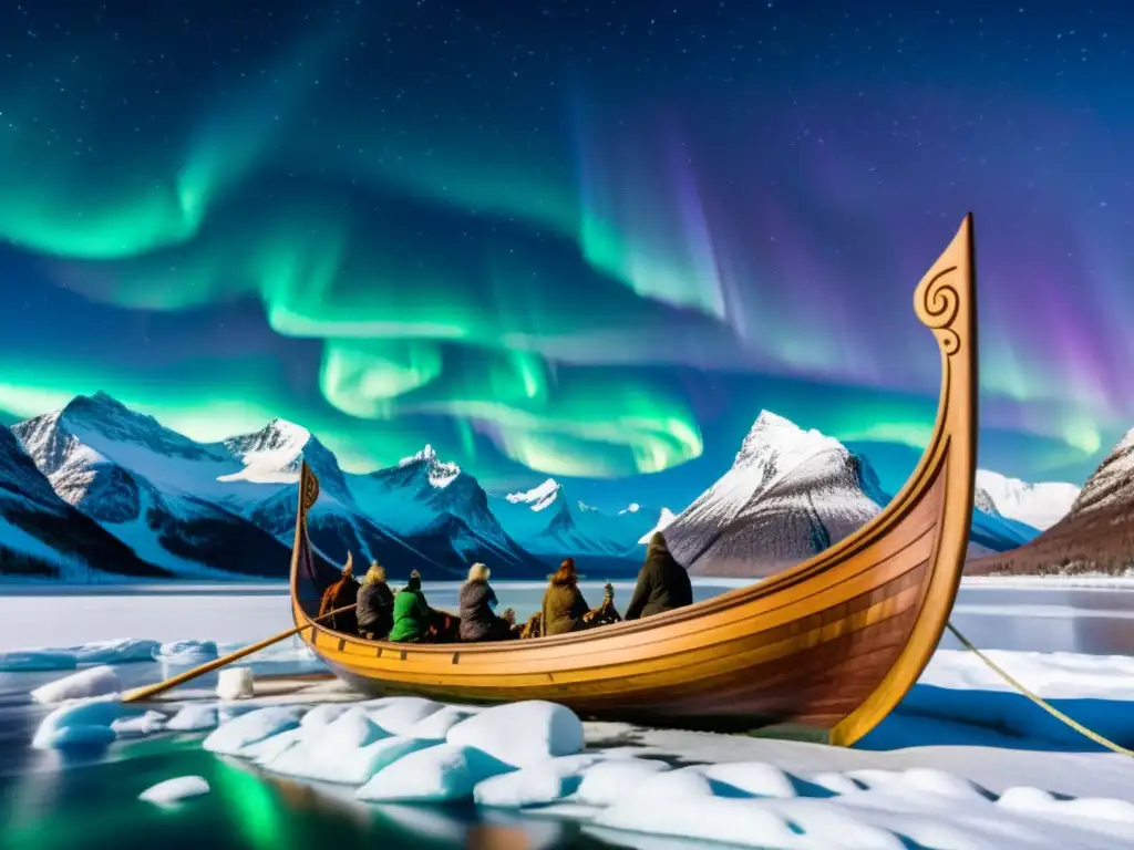 Un barco vikingo navegando bajo la aurora boreal con montañas nevadas al fondo