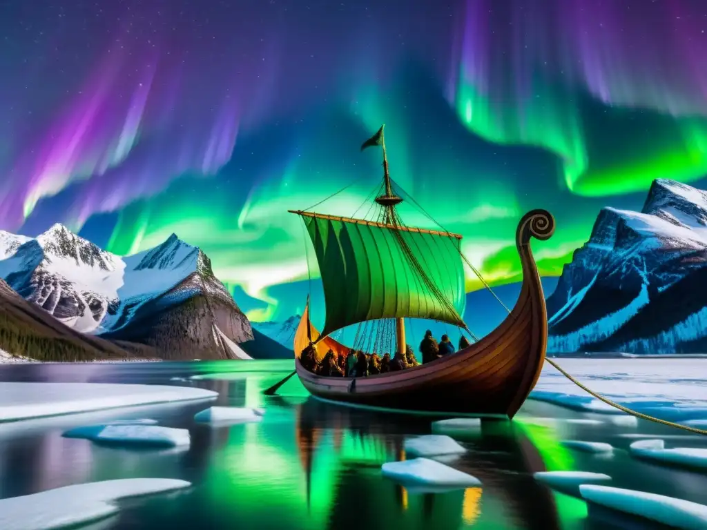 Un barco vikingo navega bajo la aurora boreal y montañas, reflejando la auténtica exploración vikinga en el año 800