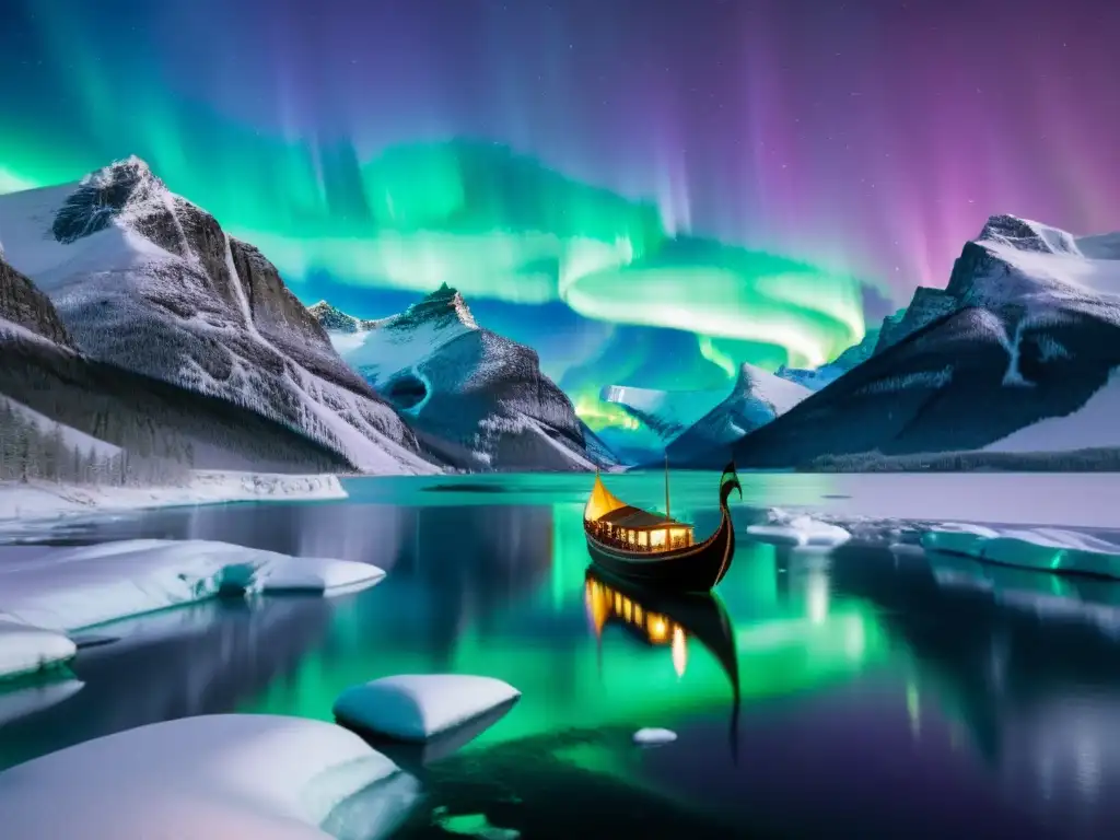 Un barco vikingo navega bajo la aurora boreal en un paisaje nórdico mágico