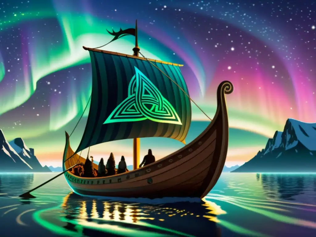 Un barco vikingo navega bajo la aurora boreal con símbolos vikingos de vida después de la muerte