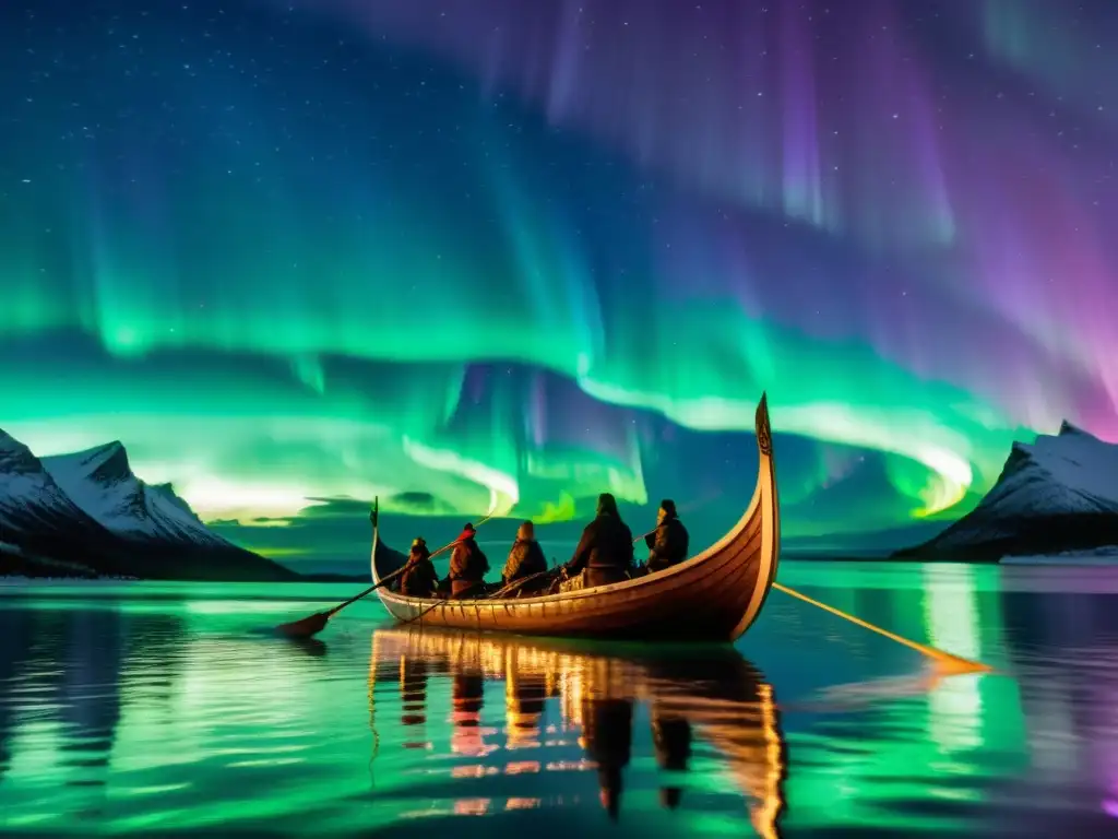 Un barco vikingo navegando bajo la Aurora Boreal, con una tripulación de guerreros remando en sincronía