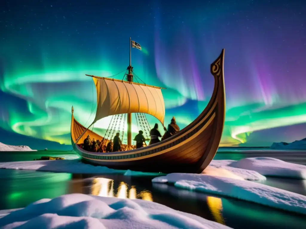 Un barco vikingo surca bajo la aurora boreal