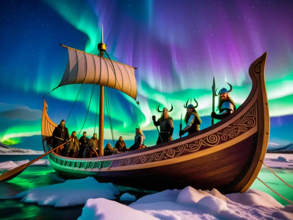 Un barco vikingo navega bajo las auroras boreales con guerreros y símbolos nórdicos