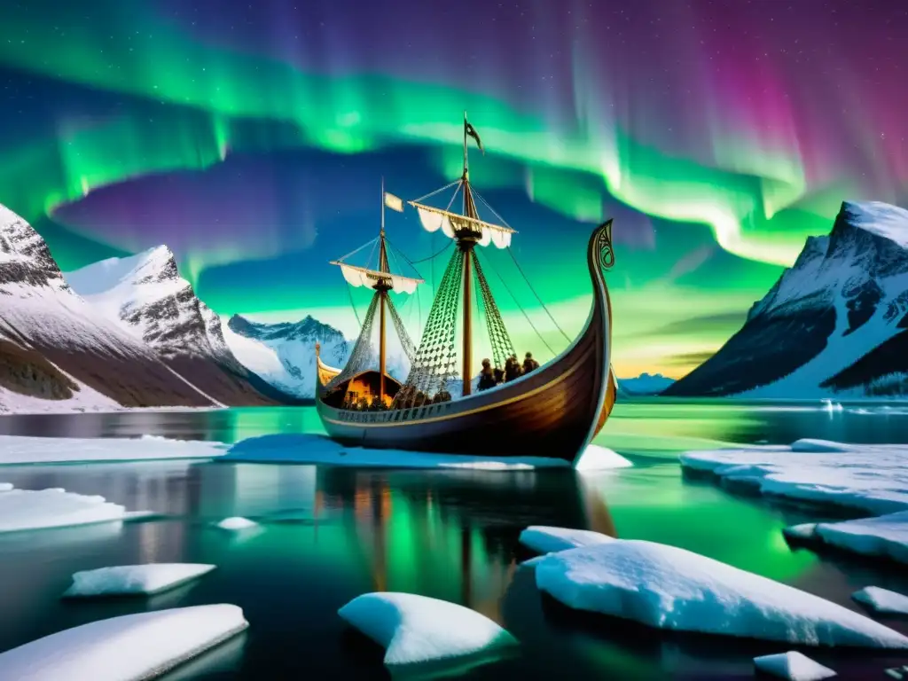 Un barco vikingo navega entre auroras boreales y montañas nevadas, reflejando descubrimientos vikingos en nuevas tierras