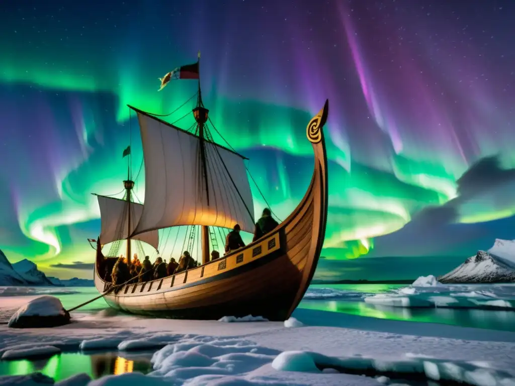 Un barco vikingo navega bajo las auroras boreales en aguas heladas, con guerreros navegando