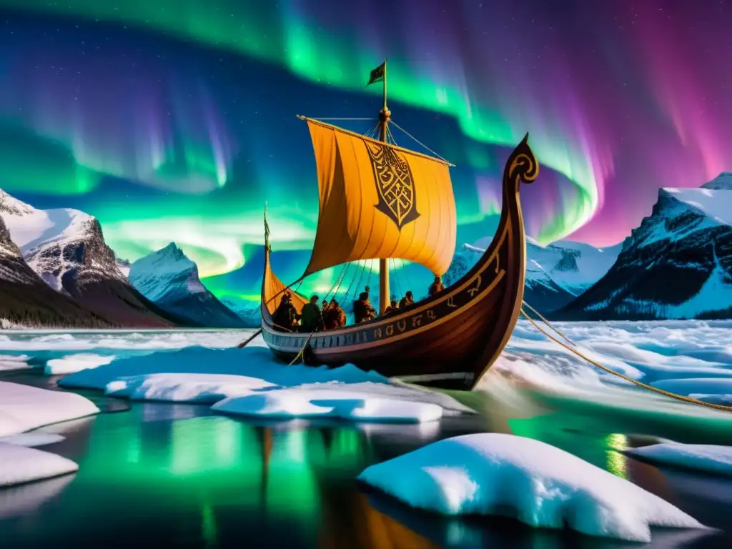 Un barco vikingo navega bajo las auroras boreales en aguas heladas, con guerreros nórdicos y montañas nevadas