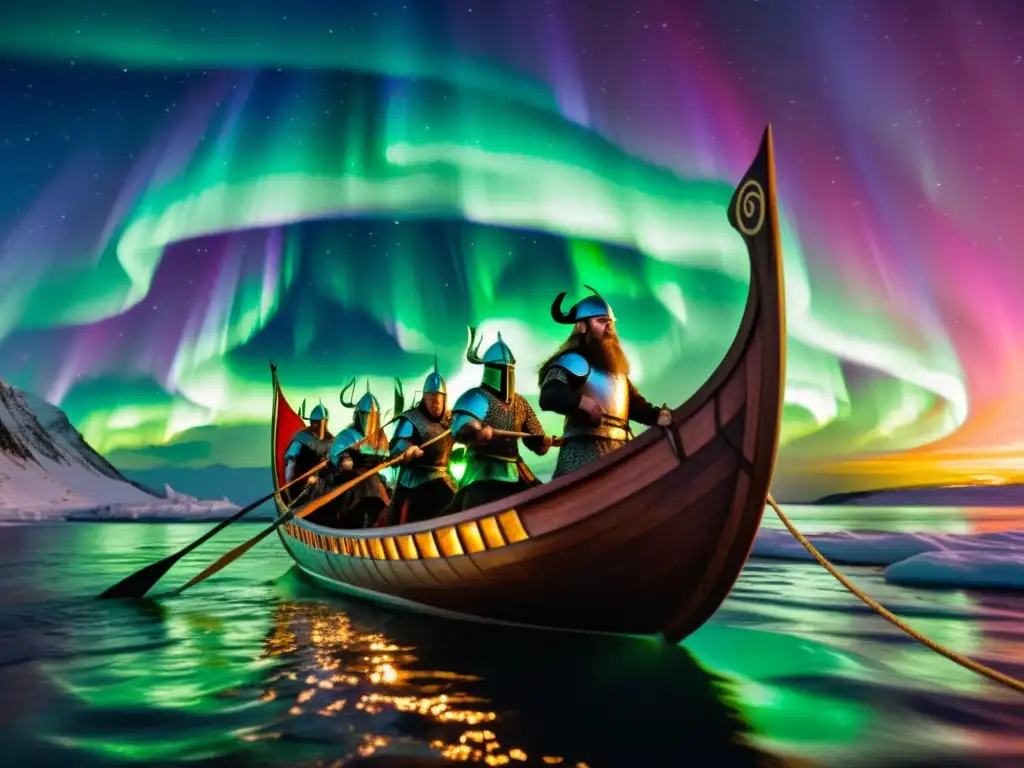 Un barco vikingo surca las auroras boreales con guerreros a bordo, destacando la importancia cultural del Edda vikingo