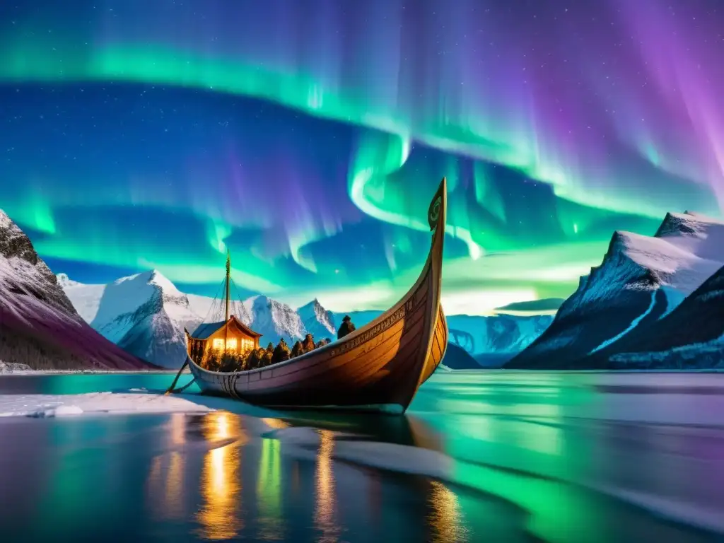 Barco vikingo bajo auroras boreales en fiordos nórdicos, con grabados de mitología nórdica: simbolismo de versos épicos vikingos