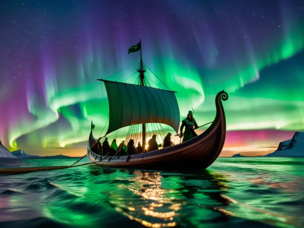 Un barco vikingo bajo auroras boreales, guerreros con escudos y determinación