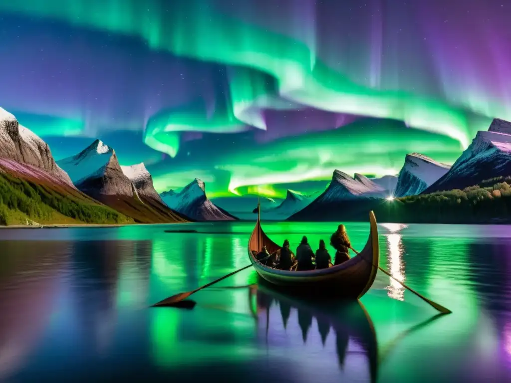 Un barco vikingo navegando bajo las auroras boreales con guerreros y runas brillantes