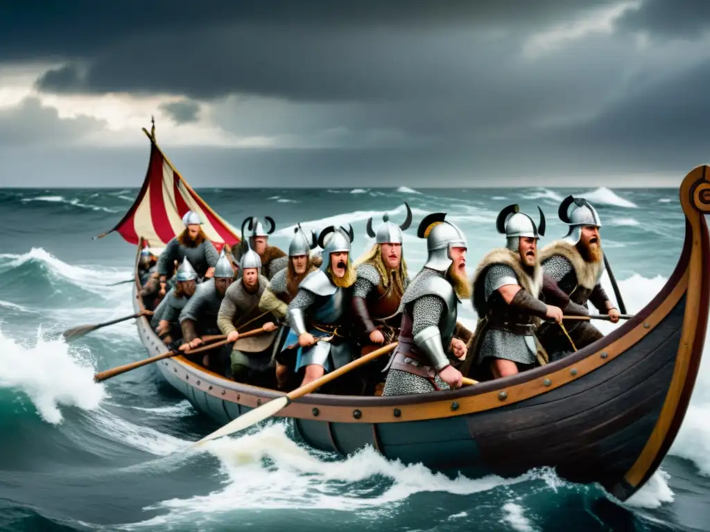 Un barco vikingo captura y lleva cautivos aterrados en una aldea costera, mostrando la perspectiva social y económica de los vikingos