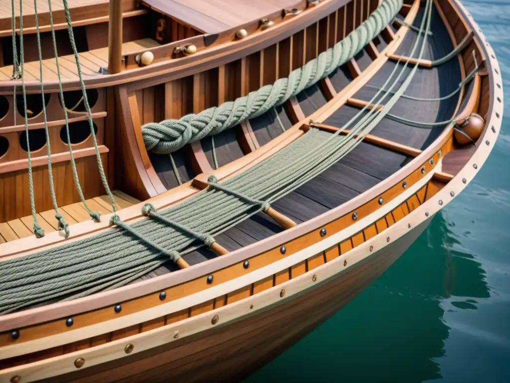 Construcción minuciosa de un drakkar vikingo Un barco vikingo en construcción, detallando nudos meticulosos que unen las tablas de madera