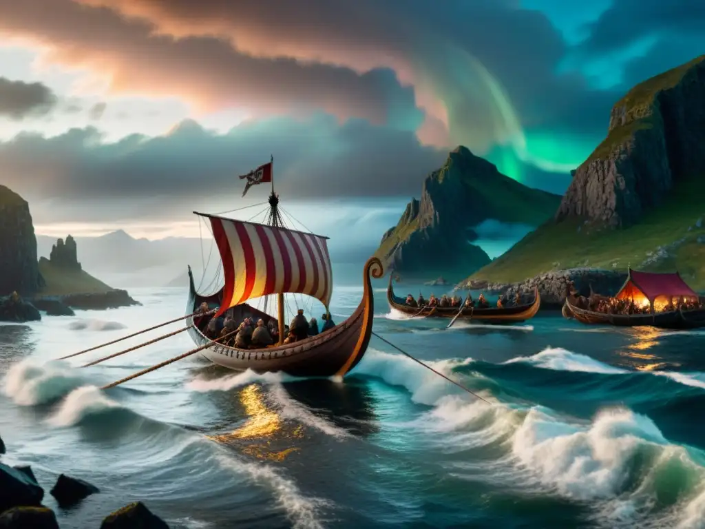 Un barco vikingo se acerca a una costa abrupta al atardecer, con cielo dramático y auroras boreales, tripulado por guerreros fieros