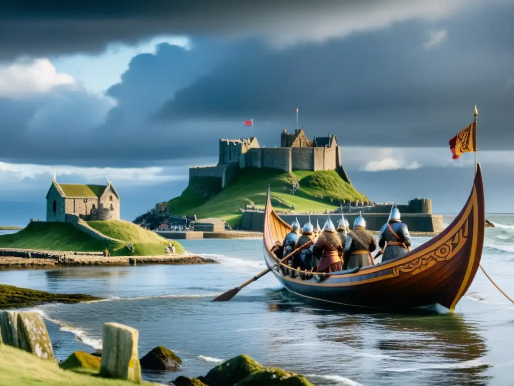 Un barco vikingo detallado se acerca a Lindisfarne bajo un cielo dramático, listo para la incursión