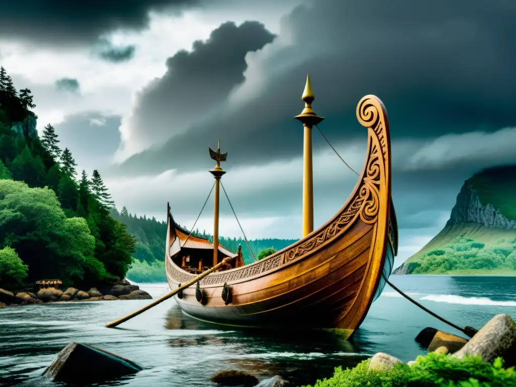 Un barco vikingo detallado con elementos decorativos vikingos para exteriores, rodeado de naturaleza salvaje y cielos tormentosos