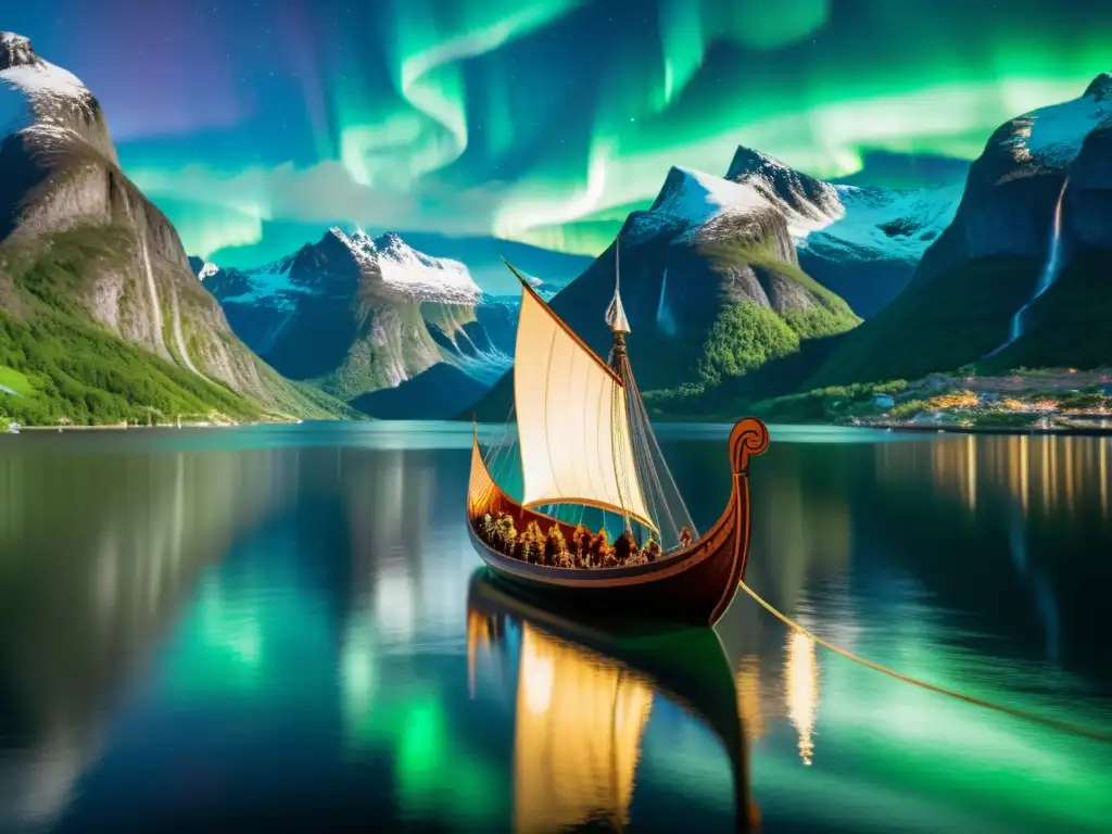 Un barco vikingo detallado surca un fiordo noruego con montañas y auroras boreales, representando la herencia vikinga en Noruega