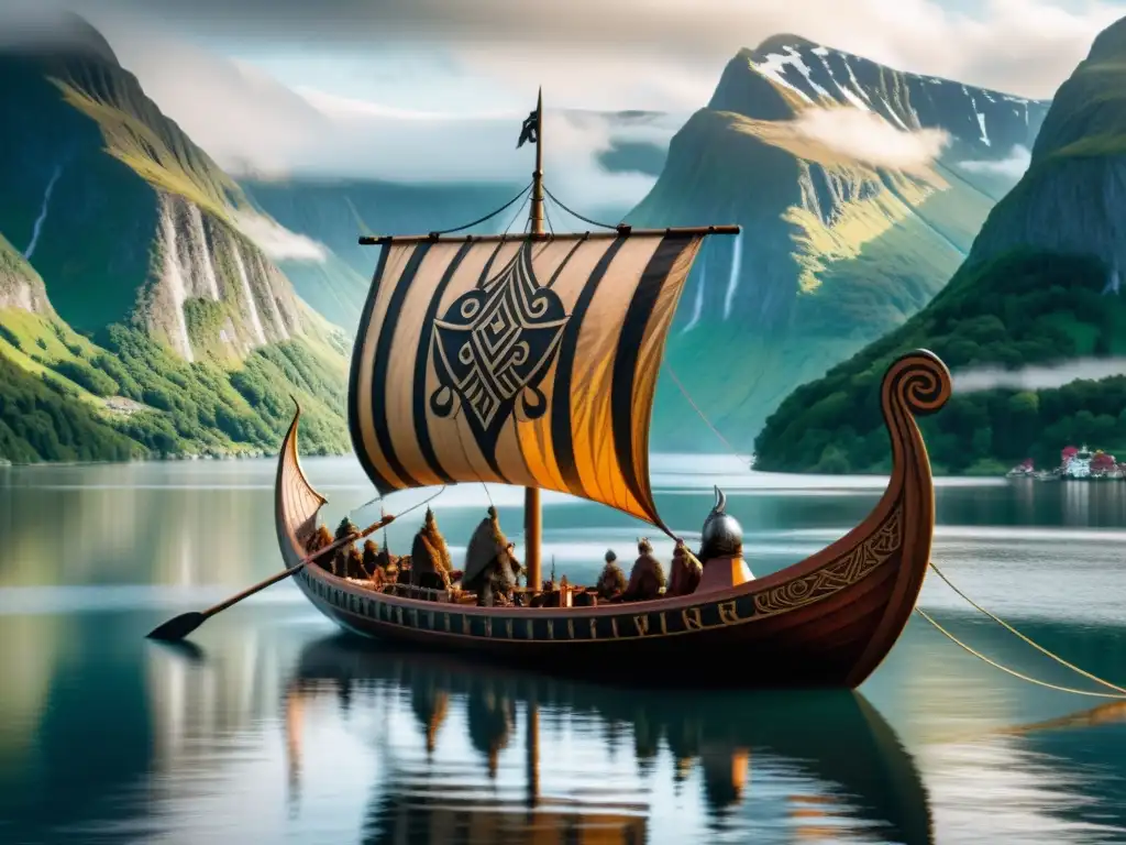 Un barco vikingo detallado con guerreros y símbolos, en un fiordo nórdico misterioso