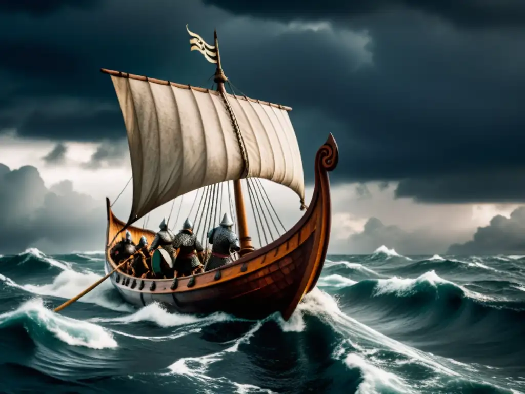 Un barco vikingo detallado surca el mar en tormenta con guerreros y dragones esculpidos