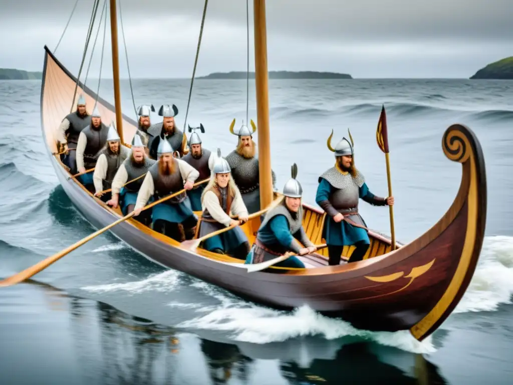 Un barco vikingo detallado con reenactores vestidos con ropas vikingas, remando en aguas abiertas bajo un cielo tormentoso