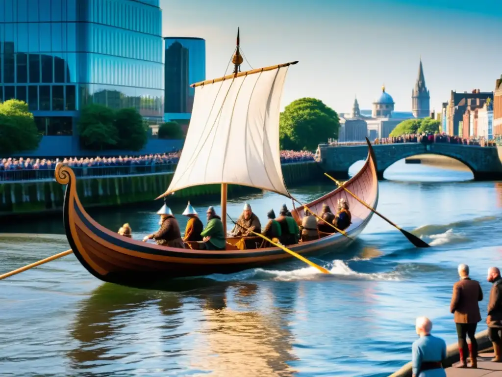 Un barco vikingo detallado surca el río Liffey en Dublín, fusionando historia y modernidad