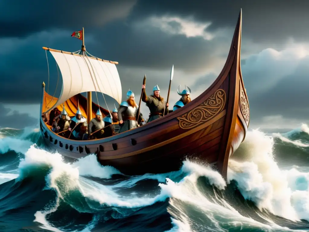 Un barco vikingo detallado en una tormenta marina, con técnicas vikingas de navegación ancestral