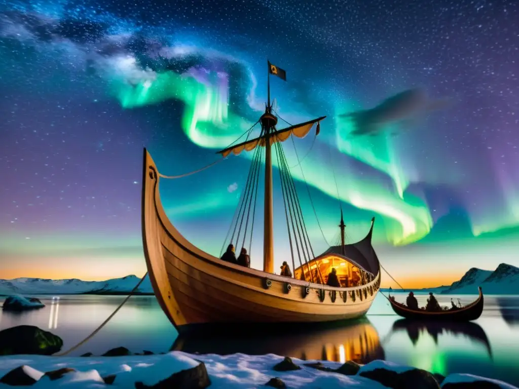 Un barco vikingo navegando bajo las estrellas con Secretos navegación estelar vikinga